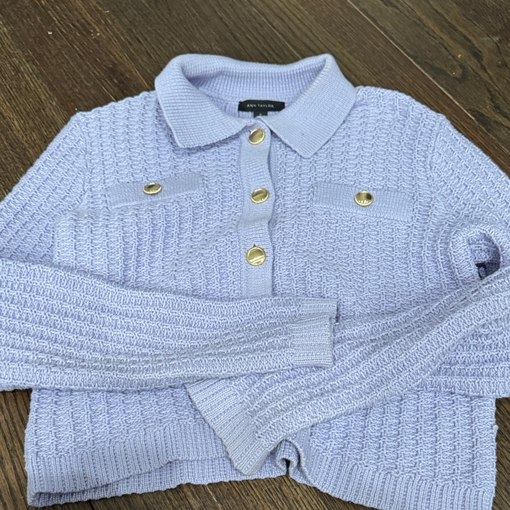 Ann Taylor Lilac Knit Polo Cardigan with Gold-Tone Buttons